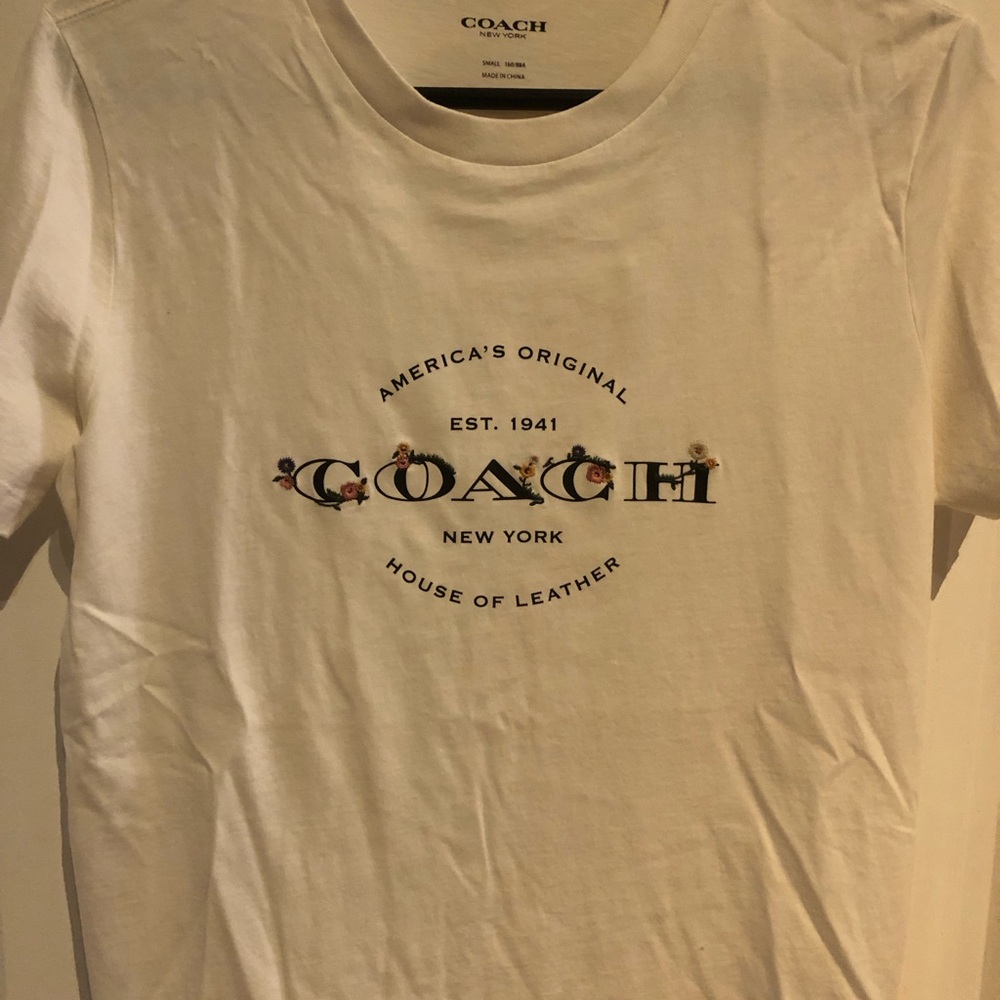 COACH Jax White Cotton Floral Embroidered T Shirt Top Size Small Authentic